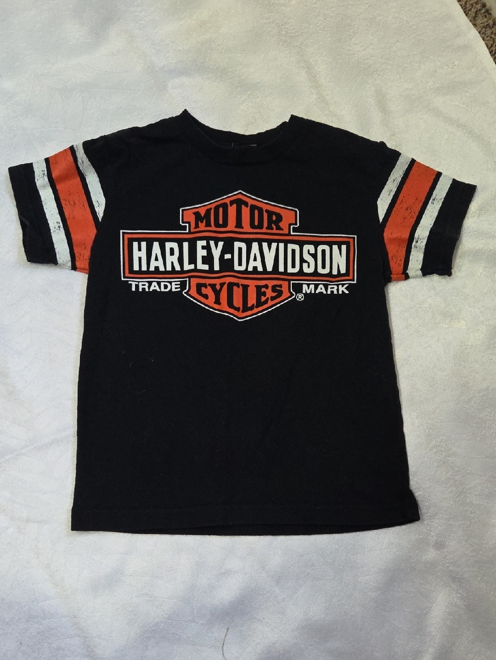 Harley-Davidson Distressed Black Tee with Orange & White Logo Stripes